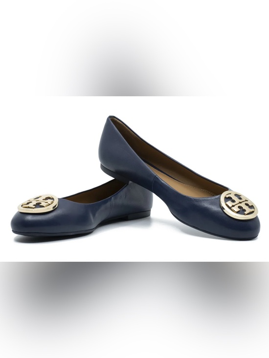 Tory Burch Shoes - Tory Burch Navy Leather Logo Ballet Flats with Gold Emblem
